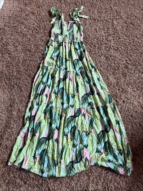 BeBop Green Pink Tropical Print Tie-Strap Maxi Dress